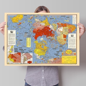 Historische wereldkaart - De wereld van vandaag met de nieuwste grenzen - Gedateerde evenementenkaart - 1948 - Wereldkaartposter - Azimutale gelijke afstand - Platte aarde