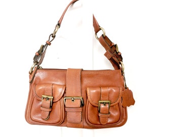 Mini vintage dark tan shoulder bag, Tan Leather clubbing bag, tiny shoulder bag, light brown mini bag