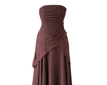 MONSOON Y2K Unused Chocolate Brown Chiffon Silk Evening Prom Dress, Dark Brown Silk Bridesmaid Dress, Ballroom Dancing Dress