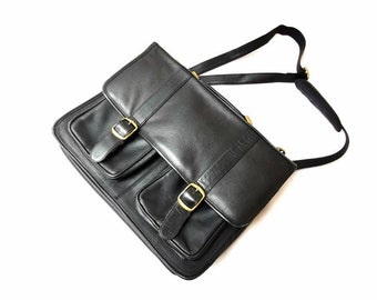 Vintage Tula black leather briefcase, Cross body satchel messenger bag, Messenger Briefcase, Vintage Black Leather Organizer Briefcase