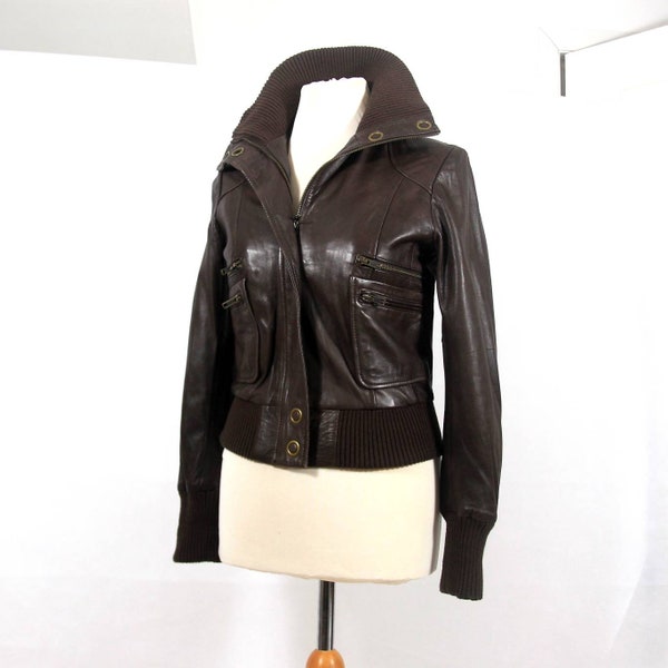 Vintage Genuine Soft Leather Body-fit Leather Jacket, OASIS Elegant Chocolate Brown Leather Cropped Jacket UK Size 10