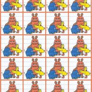 May include: A repeating pattern of cartoon animals. Each image features a red animal with a yellow duck and a blue elephant. The animals are all smiling and appear to be hugging.