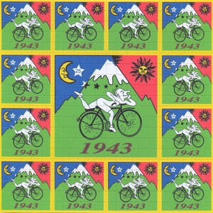 Blotter Art "Gita in bicicletta di Albert Hofmann 1943"3 18 cm x 18 cm 400 stampe, niente droga, solo carta!!!