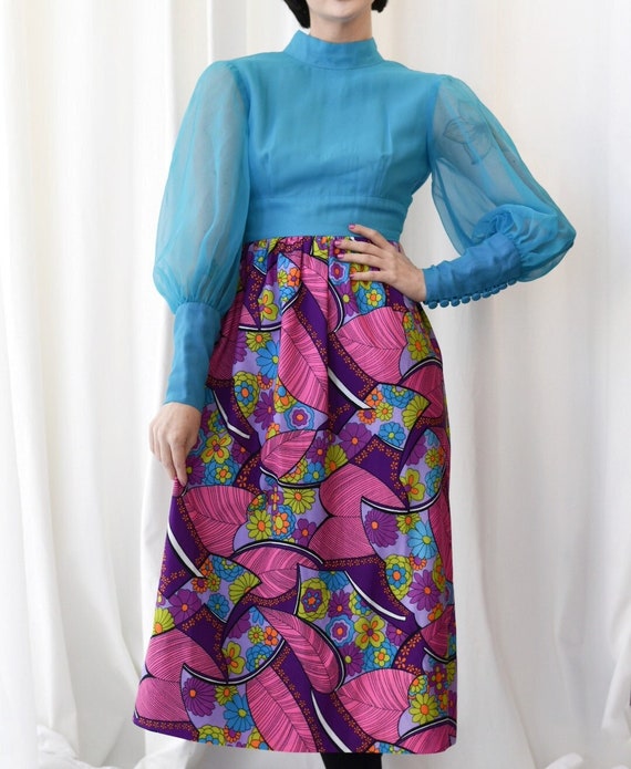 Balloon Sleeve 60s Psychedelic Dress  Flower Powe… - image 1