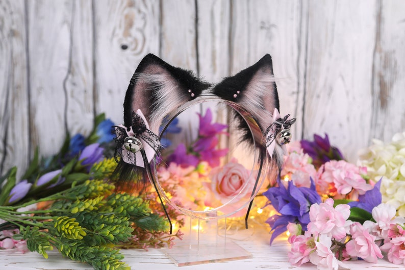 Faux Fur Handmade Cosplay Cat Ears Headband Classic Black Cat Ears
