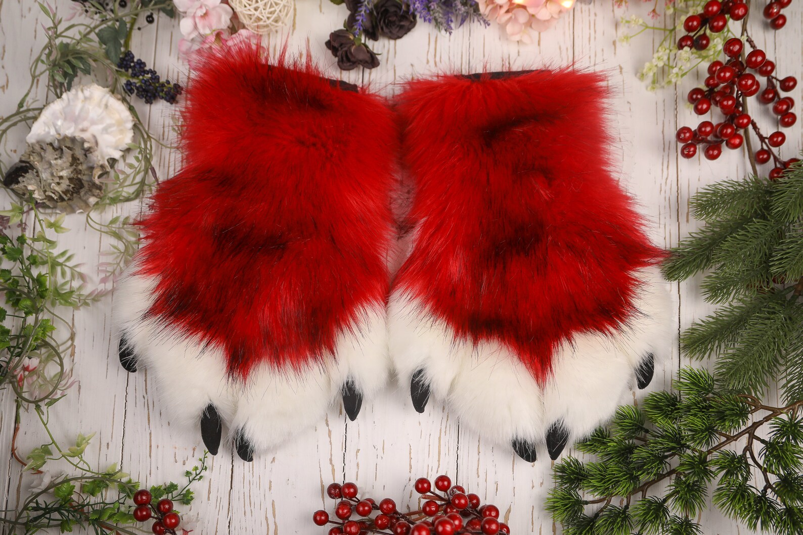 Red and White Cat Paws Gloves Kitty Cosplay Faux Fur Fluffy Etsy