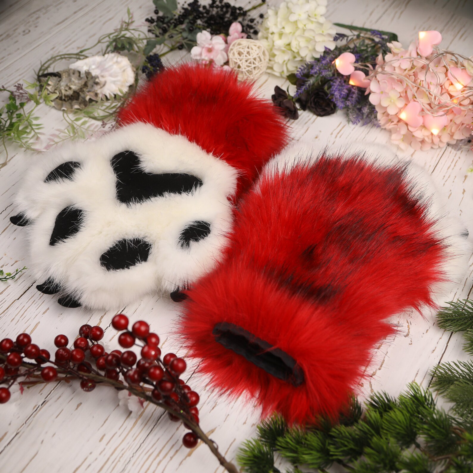 Red and White Cat Paws Gloves Kitty Cosplay Faux Fur Fluffy Etsy