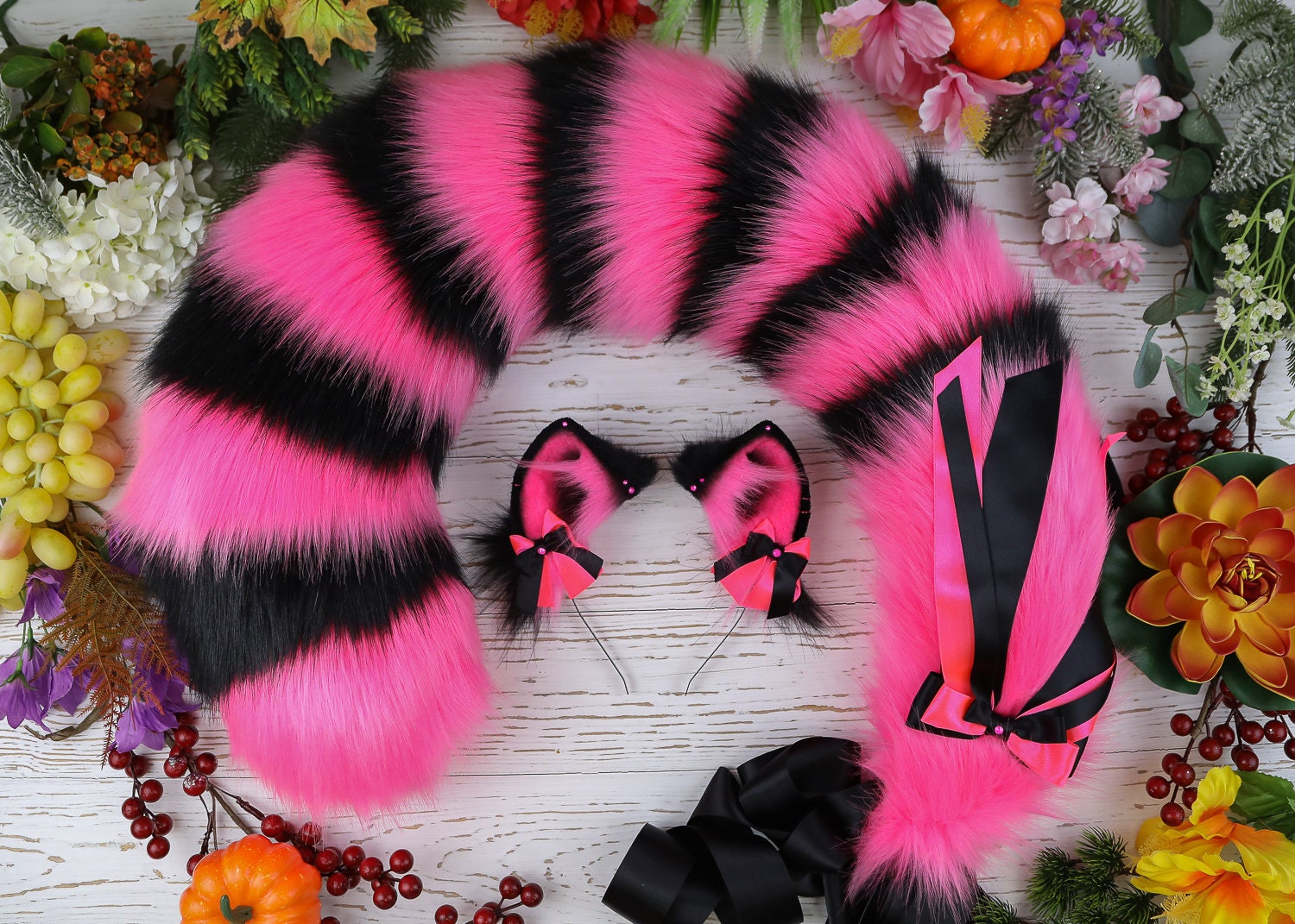 Black and Pink Cheshire Cat Ears and Tail Set Faux Fur Etsy