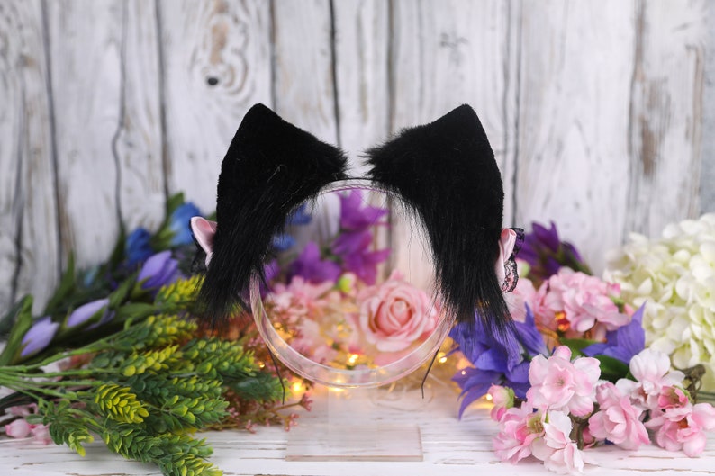 Faux Fur Handmade Cosplay Cat Ears Headband Classic Black Cat Ears