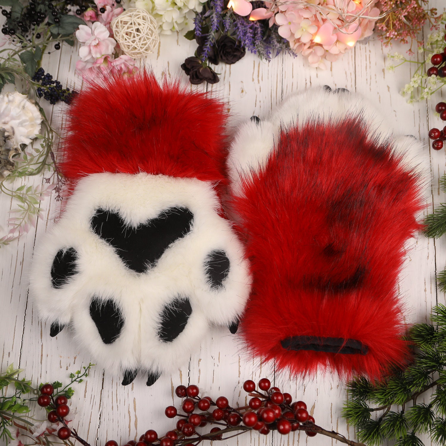 Red and White Cat Paws Gloves Kitty Cosplay Faux Fur Fluffy Etsy