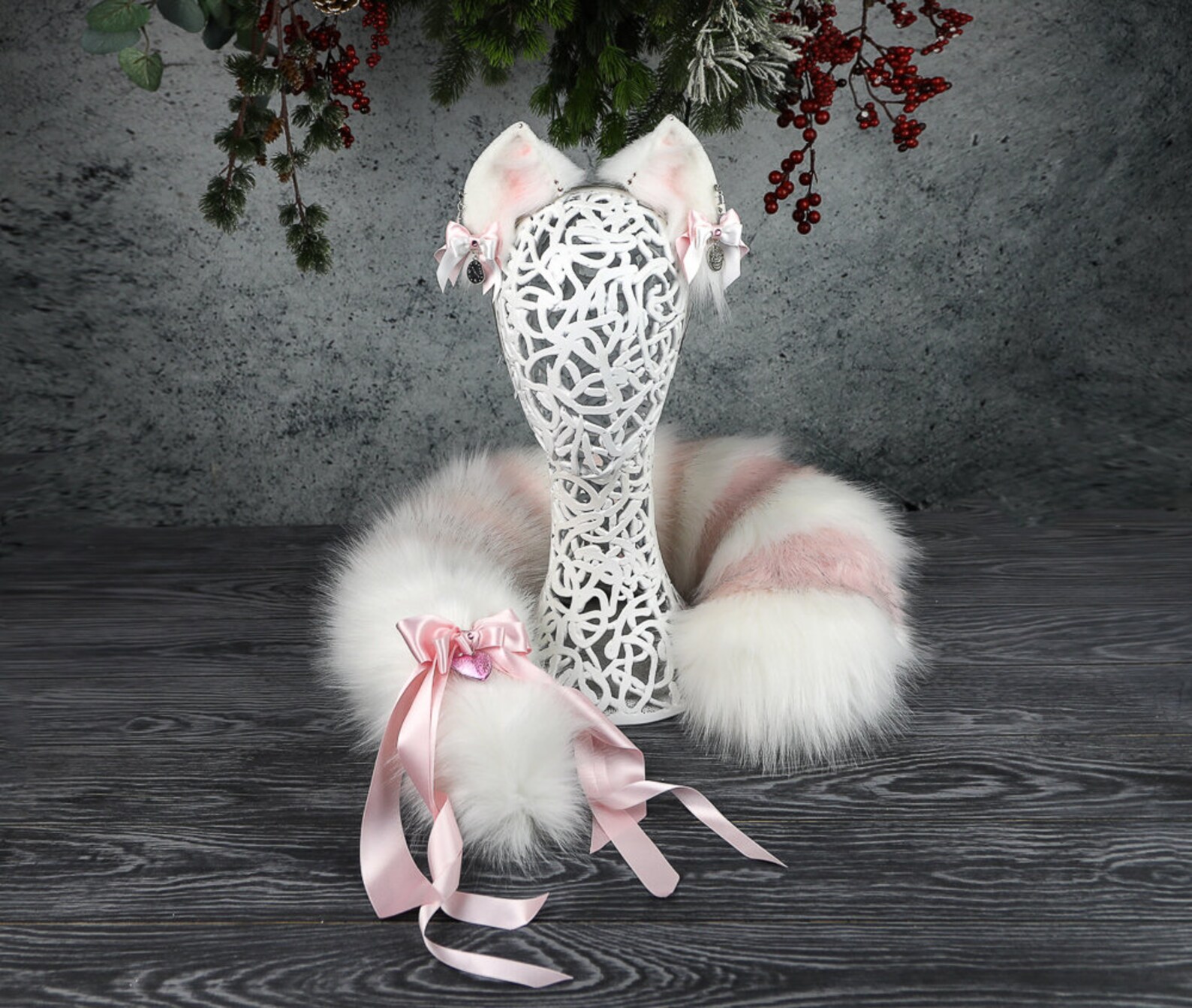 White and Pink Сheshire Cat Ears and Tail Set Anime Neko Faux Etsy