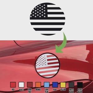 May include: A circular decal featuring the American flag design. The top image shows a black and white version, while the bottom image shows a red, white, and blue version. Color options include red, white, dark red, orange, light blue, blue, yellow, matte black, and gloss black.