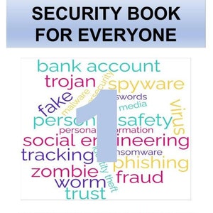 Könnte beinhalten: Buchcover "THE ONLINE SECURITY BOOK FOR EVERYONE" mit einer Wortwolke mit Begriffen wie "Trojaner" und "Spyware". Unten steht "BE AWARE | BE SAFE | BE VIGILANT". Ein Ratgeber für Online-Sicherheit.