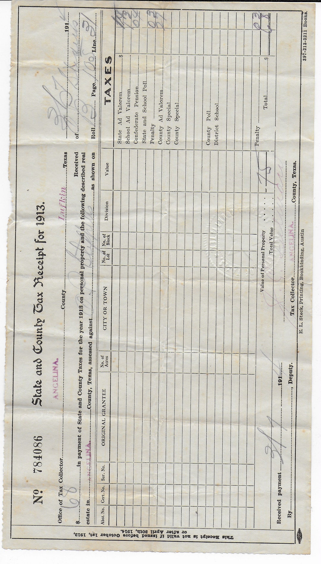 State and County Tax Receipts for 1913 Through 1919 Digital Files for