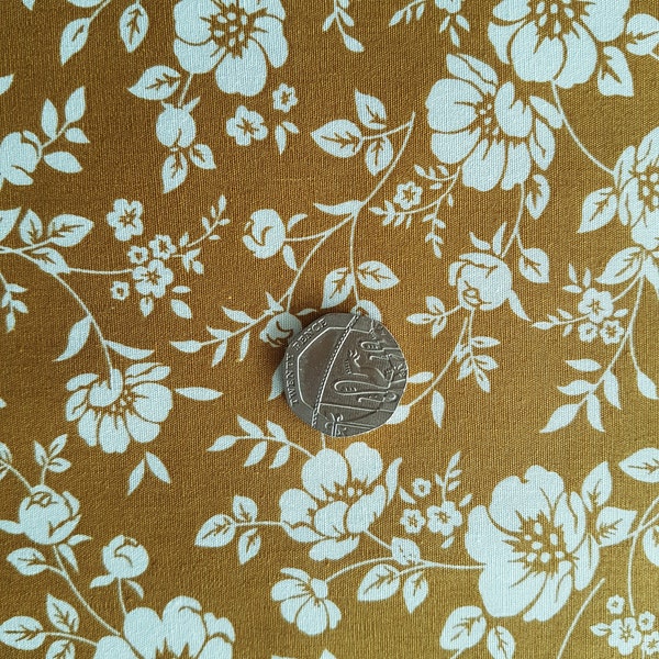 Rose & Hubble 100% Cotton Poplin Fabric - Medium Floral Design - Ochre and Ivory - Dressmaking , Quilting, Craft Material - 1 metre