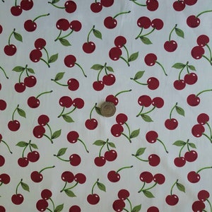 100% Cotton Poplin Fabric - Red Cherries on Ivory Cream - Dressmaking , Quilting, Craft Material - 1 full metre