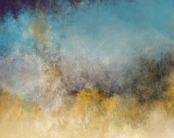 May include: Abstract painting with a gradient of colors from dark purple to light blue to beige. The painting has a textured, brushstroke effect.