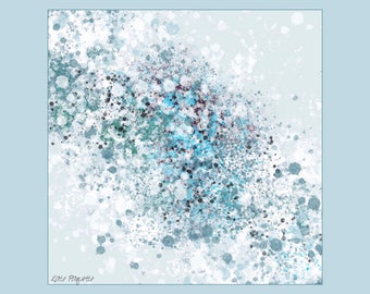 May include: Abstract digital art featuring a blue, green, and white splatter paint design on a white background.