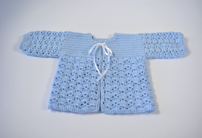 US Size 3 to 6 Months Crochet Baby Blue Cardigan with White Ribbon Closure
