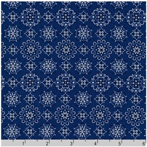 May include: A blue fabric with a white repeating pattern of stylized flowers. The pattern is a traditional bandana design.