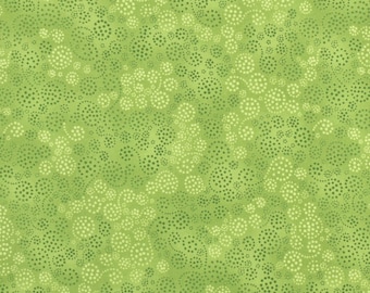 May include: A seamless pattern of green and white circles on a light green background. The circles are made up of small dots and create a subtle, organic texture.