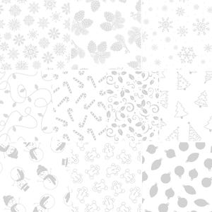 May include: A collection of nine different Christmas-themed patterns in shades of gray and white. The patterns include snowflakes, pinecones, candy canes, holly, Christmas lights, Christmas trees, snowmen, gingerbread men, and ornaments. These patterns are suitable for holiday-themed crafts and designs.