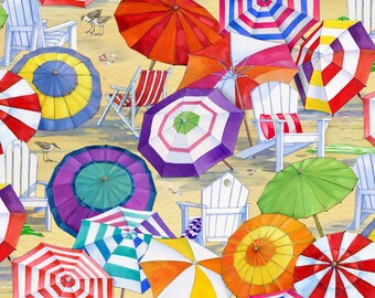 Sand Beach Umbrellas - Elizabeths Studio Beach Vista Collection - Premium Cotton Quilting Fabric By The Yard - Cut to Order - 6506-SAND