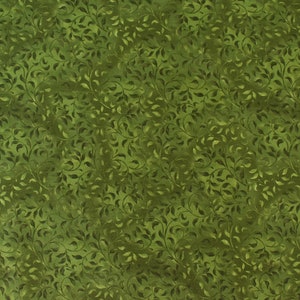May include: A green fabric with a repeating pattern of small leaves and vines. The fabric has a subtle texture and a slightly faded look.