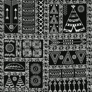 May include: Black and white geometric pattern featuring tribal designs. The pattern includes arrows, triangles, teepees, suns, and other shapes. The design is framed with a decorative border.