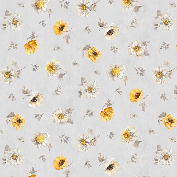 Floral Toss Gray - Wilmington Prints Fields of Gold Cotton Quilting Fabric By The Yard - 1409-86500-959 - Cut to Order