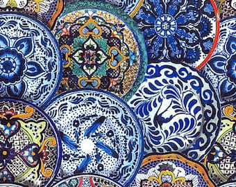 Blue Stacked Plates - Elizabeths Studio Fiesta Collection - Premium Cotton Quilting Fabric By The Yard - Cut to Order - 109-BLUE