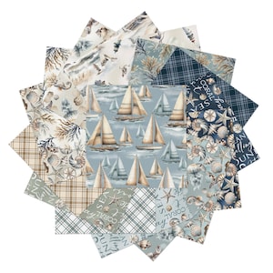 May include: A collection of nautical-themed fabric swatches arranged in a circular pattern. The fabrics feature sailboats, seashells, coral, and plaid patterns in shades of blue, beige, and white. Some swatches have text that reads "Coral Sea Calling".