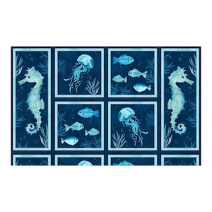 May include: A blue and white watercolor pattern featuring seahorses, jellyfish, and fish. The pattern is repeated in a grid format.