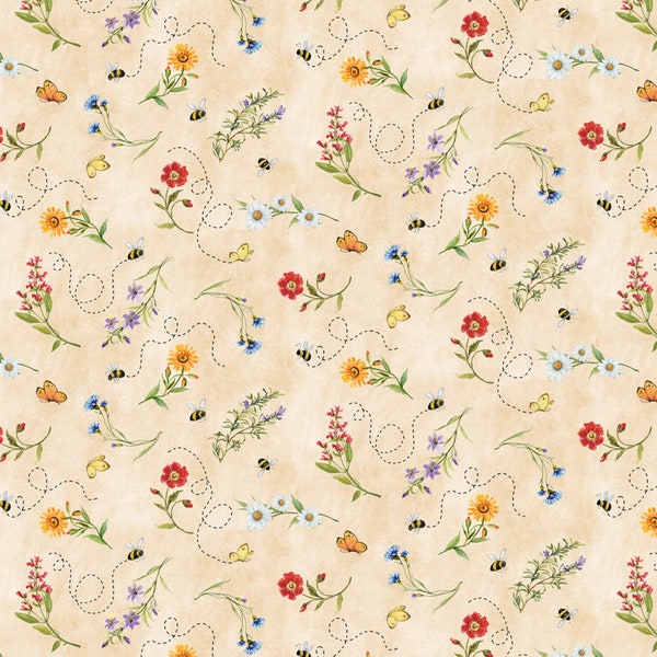 Cream Flower Toss - Wilmington Prints Gnome and Garden - Premium Cotton Quilting Fabric By The Yard - 3023-39777-254 - Cut to Order