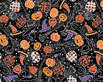 Black Halloween Magic - Benartex Happy Haunting 14949G-12 - Premium Cotton Quilting Fabric By The Yard Cut to Order
