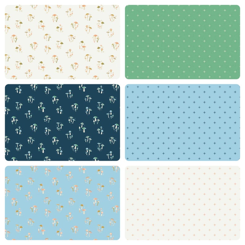 May include: Six different seamless patterns featuring various mushroom designs. The patterns are in shades of blue, green, white, and pink.