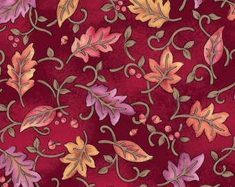 May include: A fabric pattern featuring a deep burgundy background with a repeating design of autumn leaves in shades of orange, yellow, and purple, interspersed with brown swirling vines and small clusters of round berries and acorns.