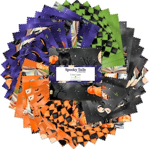 May include: A stack of Halloween-themed fabric squares in various colors. The fabrics feature patterns of black cats, pumpkins, bats, and checkerboard designs. The text "Spooky Tails" is visible on one of the squares.
