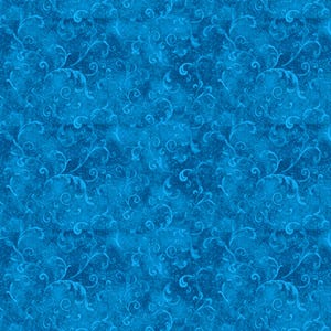 May include: A seamless pattern of blue fabric with a swirling, floral design. The pattern features stylized leaves and vines in a lighter shade of blue against a darker, mottled background. The overall effect is a textured, decorative design.