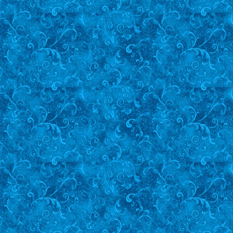 May include: A seamless pattern of blue fabric with a swirling, floral design. The pattern features stylized leaves and vines in a lighter shade of blue against a darker, mottled background. The overall effect is a textured, decorative design.