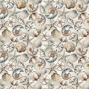 May include: A repeating pattern of various seashells and starfish in shades of beige, brown, and gray. The design includes nautilus shells, scallop shells, sand dollars, and starfish, creating a coastal or nautical theme.
