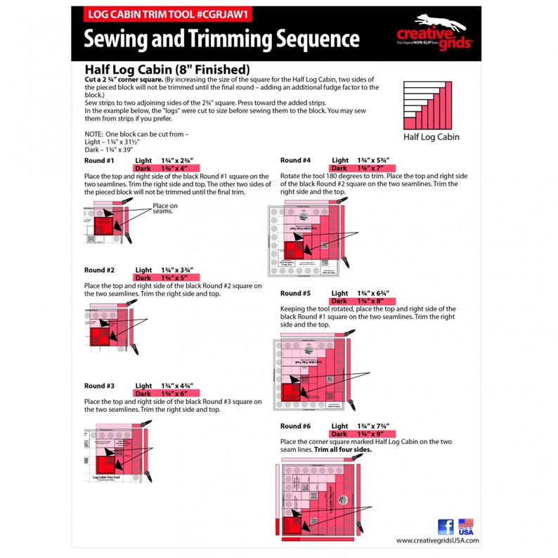 FREE SHIPPING Creative Grids Log Cabin Trim Tool for 8in Finished Blocks Quilt Ruler CGRJAW1