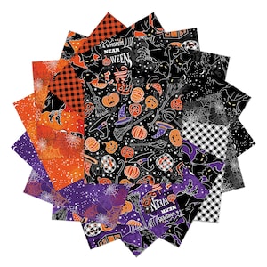 May include: A collection of Halloween-themed fabric squares in various patterns. Designs include pumpkins, witch hats, spiderwebs, and checkered patterns in orange, black, purple, and white. Some squares feature the text "& Whispers Near Ween".