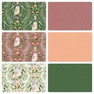 May include: Six different fabric swatches with various patterns. The top left swatch features a green and white owl pattern. The top right swatch features a pink and white geometric pattern. The middle left swatch features a pink and white owl pattern. The middle right swatch features a peach and white geometric pattern. The bottom left swatch features a green and white owl pattern. The bottom right swatch features a green and white geometric pattern.