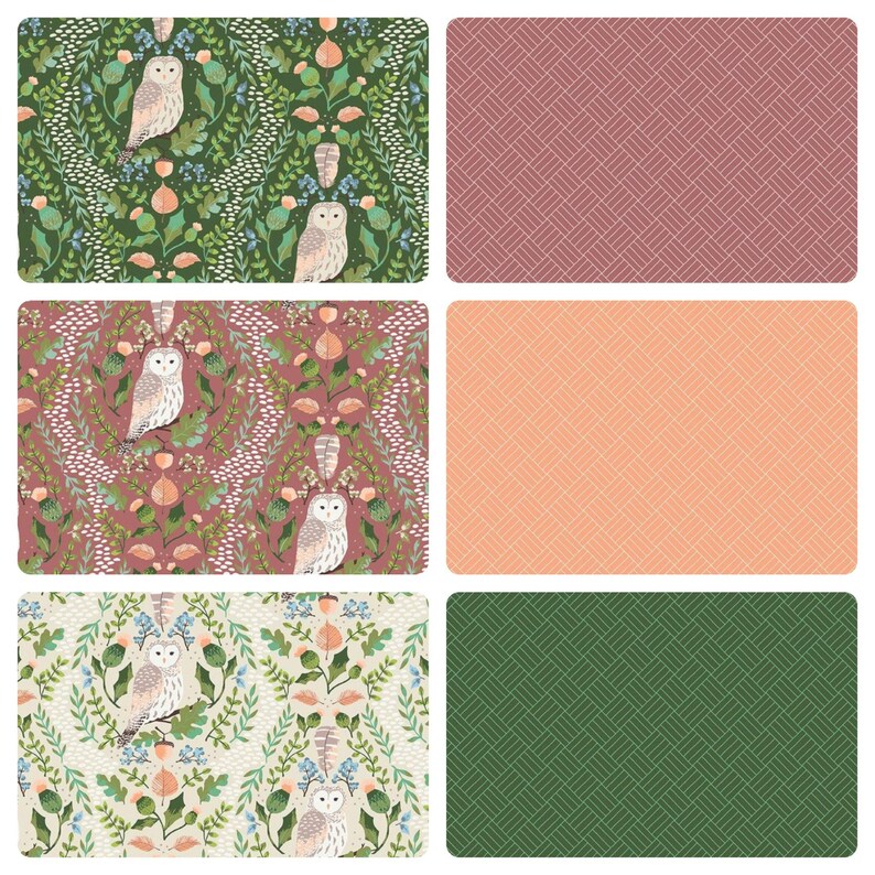May include: Six different fabric swatches with various patterns. The top left swatch features a green and white owl pattern. The top right swatch features a pink and white geometric pattern. The middle left swatch features a pink and white owl pattern. The middle right swatch features a peach and white geometric pattern. The bottom left swatch features a green and white owl pattern. The bottom right swatch features a green and white geometric pattern.