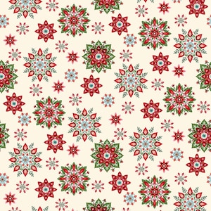 May include: A seamless pattern featuring a cream background adorned with a repeating design of red, green, and light blue floral elements. The pattern includes various sizes of stylized flowers, creating a festive and decorative look, suitable for holiday-themed products.