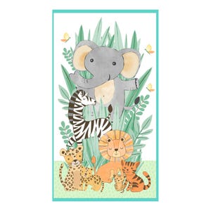 May include: A watercolor illustration of jungle animals, including an elephant, zebra, lion, cheetahs, and tigers, set against a backdrop of green foliage and butterflies. The artwork is framed with a teal border.