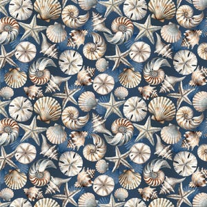 May include: A repeating pattern of various seashells, starfish, and sand dollars in shades of beige, brown, and white, set against a deep blue background. The design features detailed illustrations of marine life, creating a nautical theme.