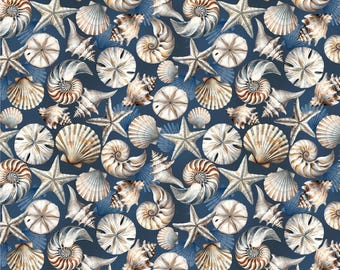 Dark Blue Coastal Shells - Benartex Coastal Escape 15020-57 - Premium Cotton Quilting Fabric By The Yard Cut to Order