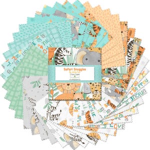 May include: A stack of fabric squares with a safari animal theme. The squares feature illustrations of lions, zebras, elephants, and tigers in shades of orange, teal, and gray. The text "Safari Snuggles" is visible on a label.